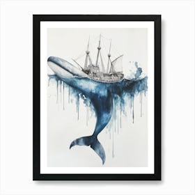 A Watercolor Painting Of A Whale With An Old Sailing Ship Art Print