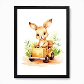 Baby Kangaroo On Toy Car, Watercolour Nursery 0 Art Print