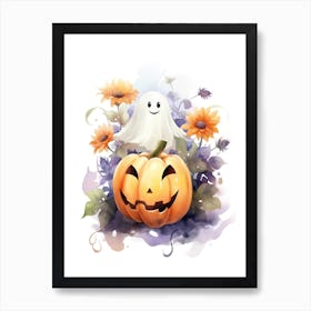 Cute Ghost With Pumpkins Halloween Watercolour 80 Art Print