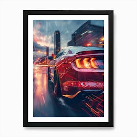 Red Ford Mustang Driving At Night Art Print