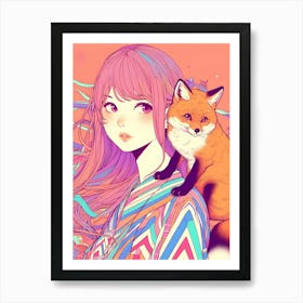 Pretty Anime Girl with Fox 14 Art Print