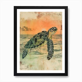 Vintage Sea Turtle At Sunset Painting 2 Art Print