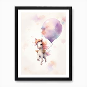 Baby Unicorn Flying With Ballons, Watercolour Nursery Art 2 Art Print