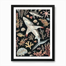 Squatina Genus Shark Seascape Black Background Illustration 1 Art Print