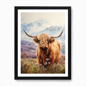Watercolour Mountain Highland Cow 3 Art Print