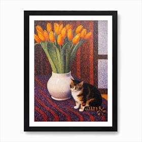 Crocus With A Cat 3 Pointillism Style Art Print