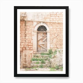 Puglia, Italy I Forbidden door in abandoned destroy wood of authentic architectural urbex building photography to the retro vintage pastel orange aesthetic of a Mediterranean countryside village in Baroque period Art Print