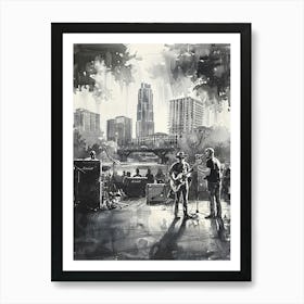 Live Music Scene Austin Texas Black And White Watercolour 4 Poster