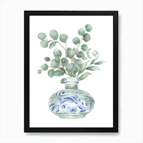 Eucalyptus Flowers leaves in a vase green and blue print Art Print