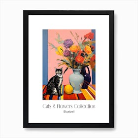 Cats & Flowers Collection Bluebell Flower Vase And A Cat, A Painting In The Style Of Matisse 2 Art Print