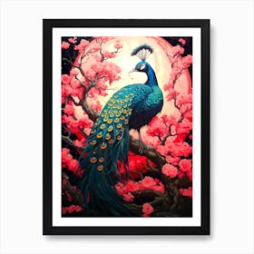 Peacock In Cherry Blossoms 2 Art Print