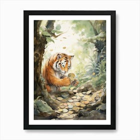 Tiger Illustration Collecting Coins Watercolour 1 Art Print