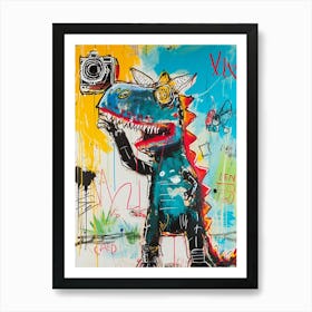 Abstract Colourful Dinosaur Taking A Photo On An Anologue Camera 1 Art Print