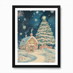 Snow Christmas Tree Gingerbread House Art Print