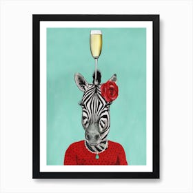 Zebra With Champagne Glass Green & Red Art Print