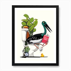 Black Stork On The Toilet Art Print