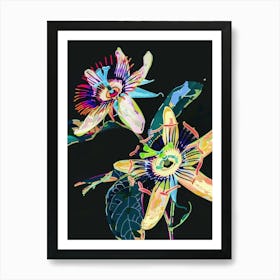 Neon Flowers On Black Passionflower 4 Art Print