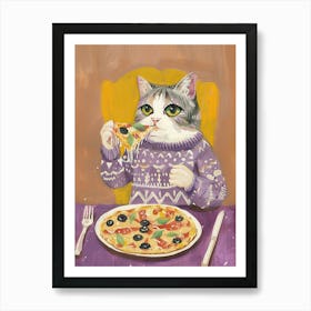 Happy Grey And White Cat Pizza Lover Folk Illustration 1 Art Print