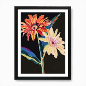 Neon Flowers On Black Gerbera Daisy 1 Art Print