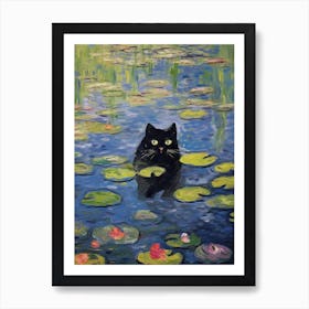 Water Lilies And A Black Cat Inspired By Monet 2 Art Print
