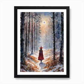 Red Witch in Winter Woods - Cottagecore Witchy Art Print Original Watercolor by Lyra the Lavender Witch - Pagan Fairytale Snowy Yule Forest Scene Perfect Witches Wicca Wall Decor Feature Full Moon Gloomy Dark Aesthetic Beautiful HD Art Print
