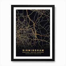 Birmingham England Black And Gold Map Art Print