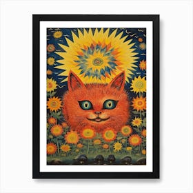 Kaleidoscope Psychedelic  Cat With Sun Art Print