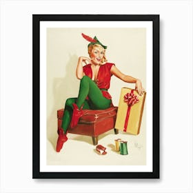 Pinup Sexy Elf With A Present For You Art Print