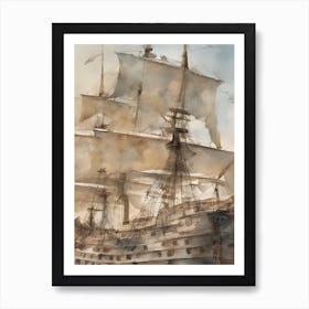 Phitorealistic seascape, a huge galleon ship cruising the ocean, viewed from a nearby pier extended from the sandy beach Art Print