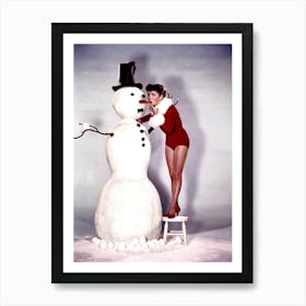 Pin Up Girl And A Tall Snowman Art Print