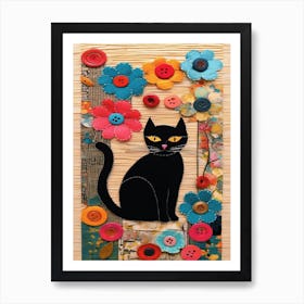 Black Cat With Button Flowers Art Print