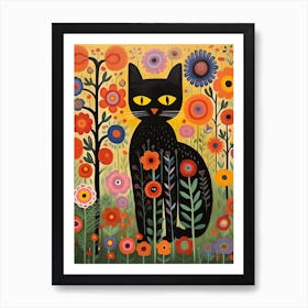 Black Cat In Flowers 1 Art Print