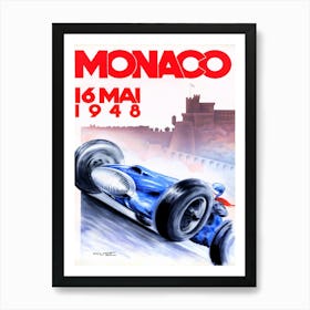 Vintage advertising poster promoting the Monaco Grand Prix which is a Formula One motor race held each year on the Circuit de Monaco. Run since 1929, it is widely considered to be one of the most important and prestigious automobile races in the world. 1 Art Print