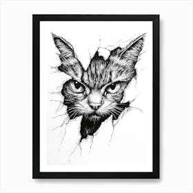 Angry Cat Watching from Wall Hole 6 Art Print