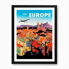 Airplane Over The City In Europe, Travel Poster Art Print