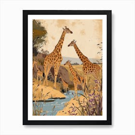 Giraffes In The River Watercolour Inspired 1 Art Print