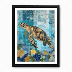 Blue Sea Turtle Exploring The Ocean Collage 1 Art Print