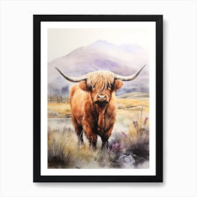 Curious Highland Cow In Field With Rolling Hills Watercolour 5 Art Print