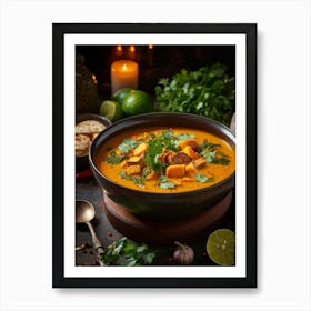 Autumn Pumpkin Curry Soup Steaming In A Rustic Ceramic Bowl Surrounded By An Array Of Vividly Spice (2) Art Print