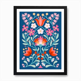 Folk Flowers Blue Art Print