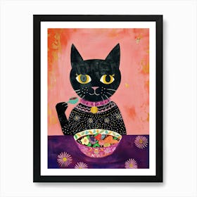 Black Cat Having Breakfast Folk Illustration 2 Art Print