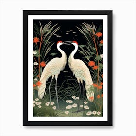 Green And Red Cranes Vintage Japanese Botanical Art Print