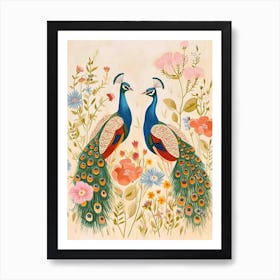 Folksy Floral Animal Drawing Peacock 4 Art Print