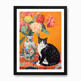 Peony Flower Vase And A Cat, A Painting In The Style Of Matisse 1 Art Print