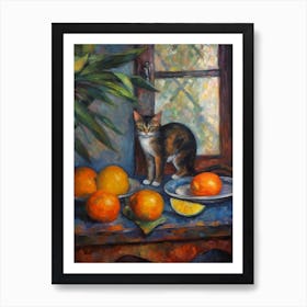 Flower Vase Paradise With A Cat 1 Impressionism, Cezanne Style Art Print