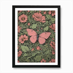 Pink Flowers And Butterflies Art Print