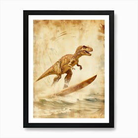Vintage Carnotaurus Dinosaur On A Surf Board 1 Art Print