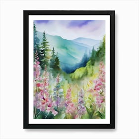 Smoky Mountains Painting, Spring Flowers, Watercolor Art, Appalachian Mountain Landscape Wall Art, Mountain Forest Print..184 Art Print