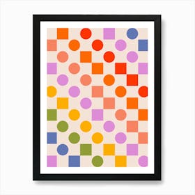 Bold and Playful Check and Dots Pattern - Rainbow colours Art Print