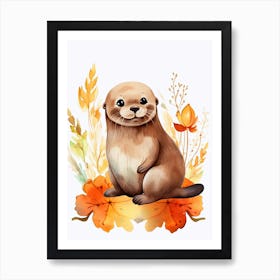 A Seal Watercolour In Autumn Colours 2 Art Print